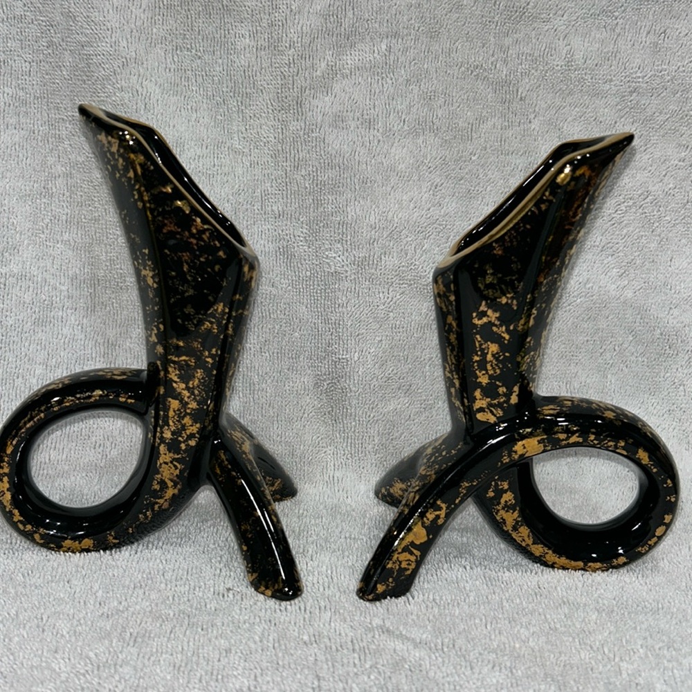 Pearl China Black and 22 Kt Gold Candle Holder Set vintage